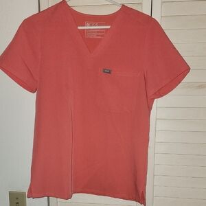 Figs Coral V-Neck Short Sleeve Top